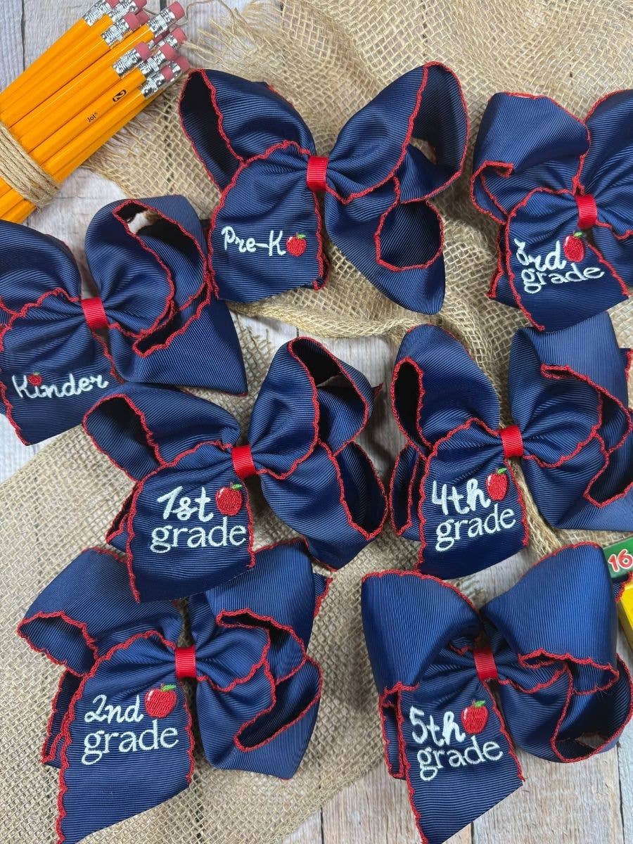 School Grade Embroidered Apple Moonstitch Bow