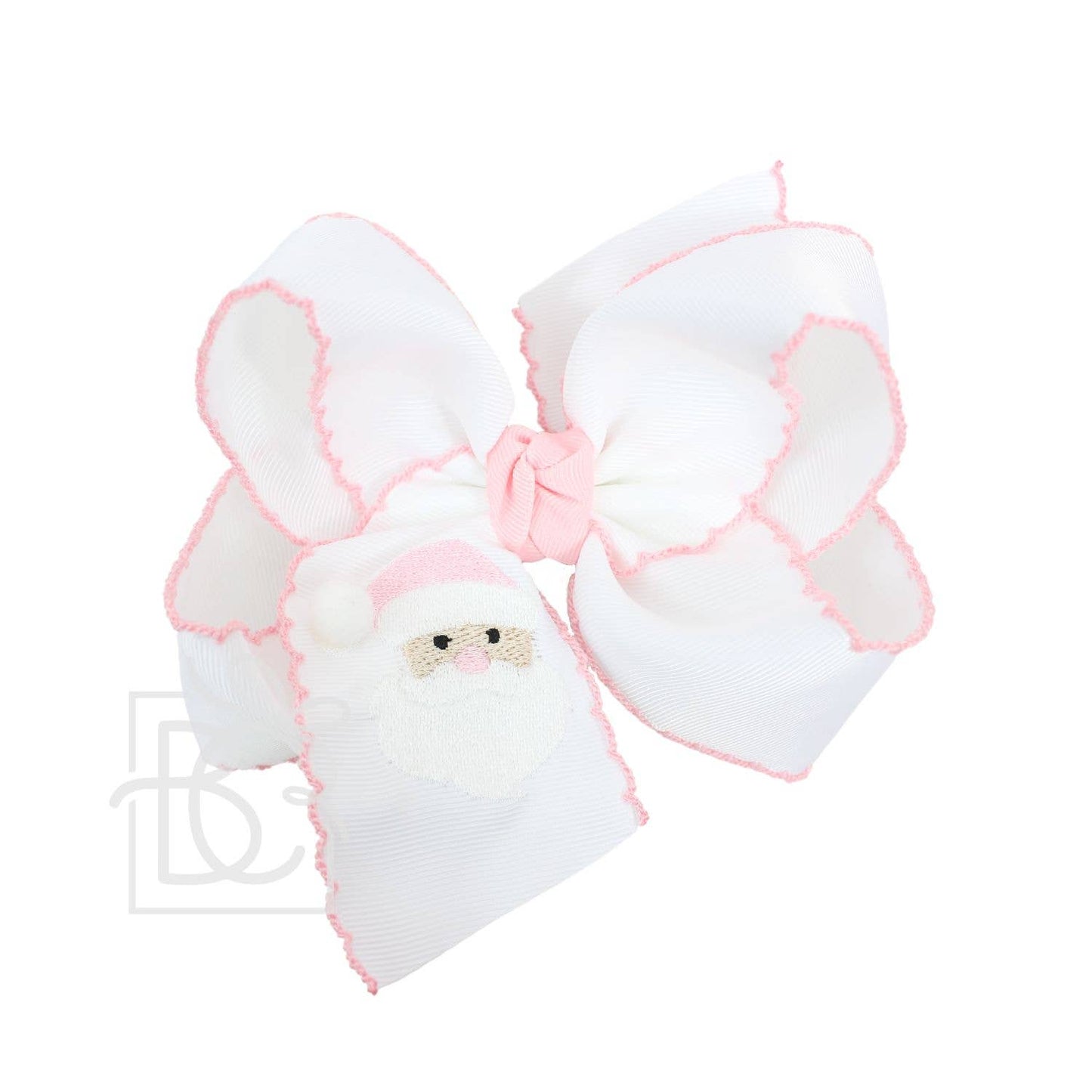 EMBROIDERED SANTA CROCHET EDGE BOWS: White w/ Light Pink Edge / 4.5" Large