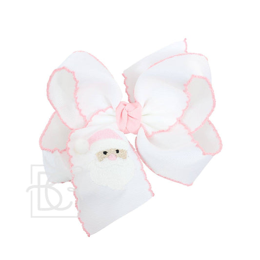 EMBROIDERED SANTA CROCHET EDGE BOWS: White w/ Light Pink Edge / 4.5" Large