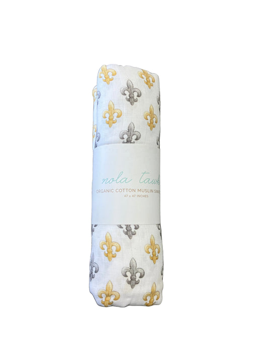 Black and Gold Fleur De Lis Muslin Swaddle Blanket