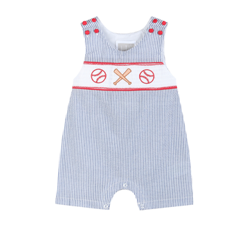 Blue Seersucker Baseball Smocked Shortall