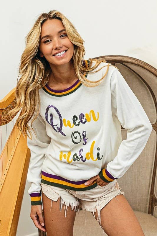 Ladies Queen Of Mardi Sequin Lettering Mardi Gras Top