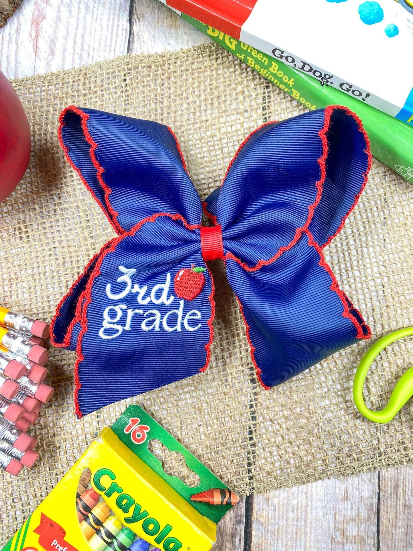 School Grade Embroidered Apple Moonstitch Bow