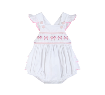 White and Pink Bows Smocked Ruffle Romper