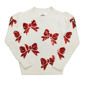 Sequin Red Bows Cream Sweater