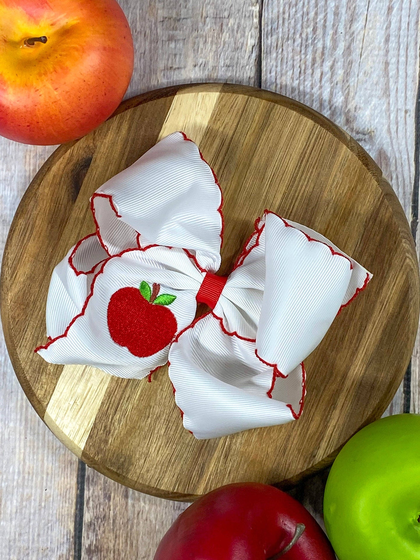 White Apple Embroidered Moonstitch Hair Bow