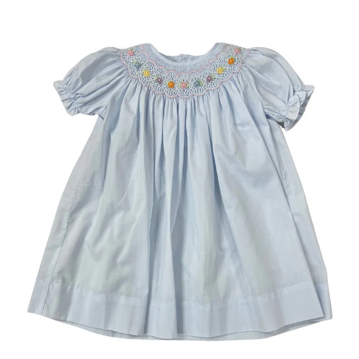 Blue smocked bishop dress with colorful flowers