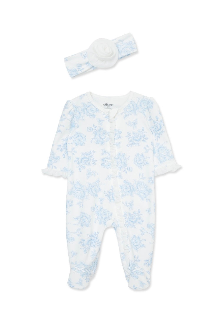 Blue Roses Footie and Headband