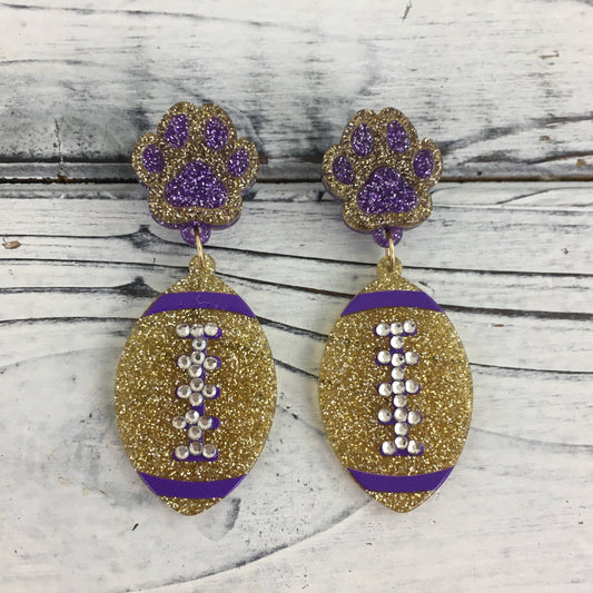 Purple and gold glitter football earrings