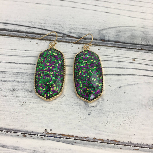 Mardi Gras confetti glitter oval earrings