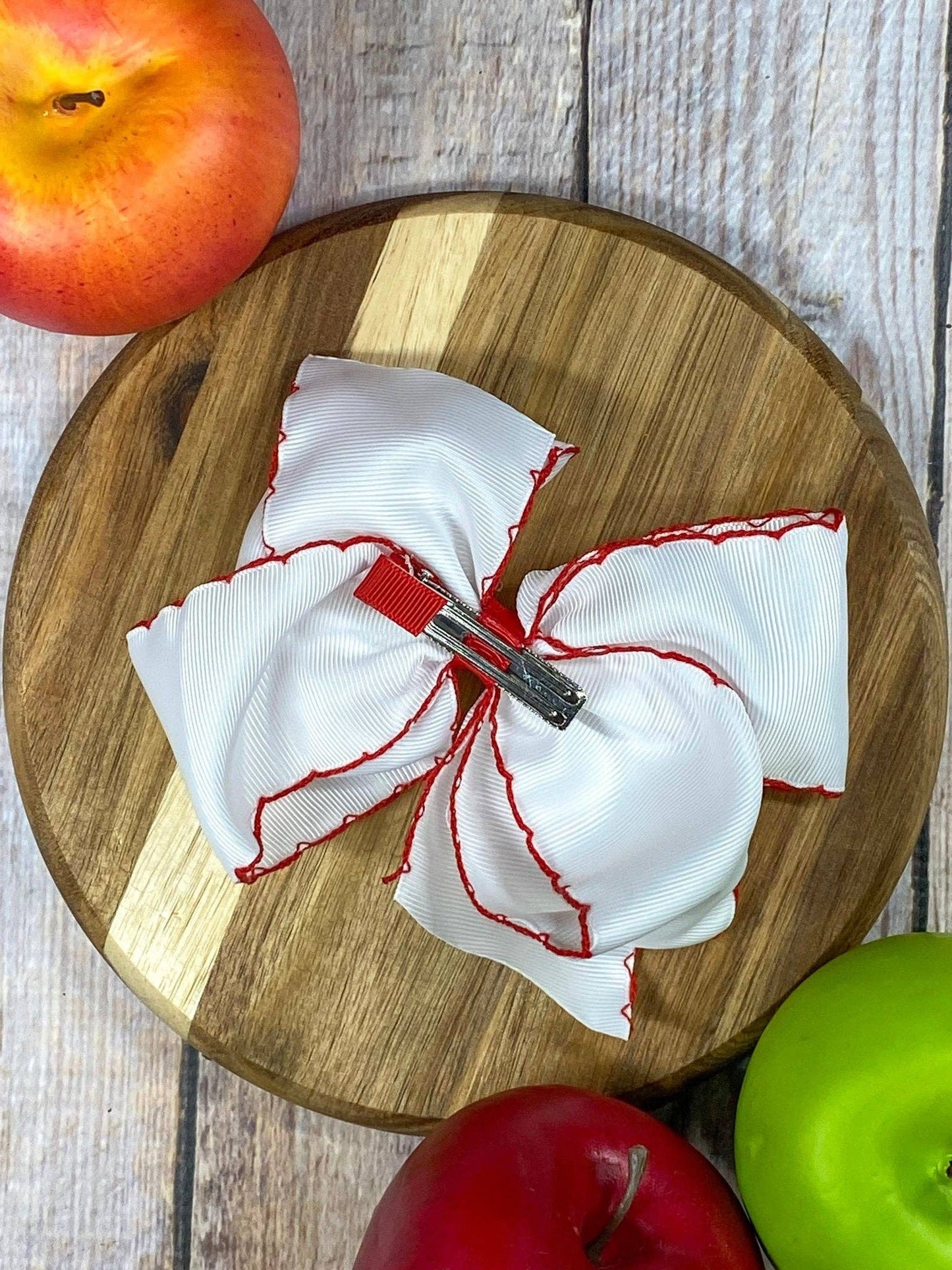White Apple Embroidered Moonstitch Hair Bow