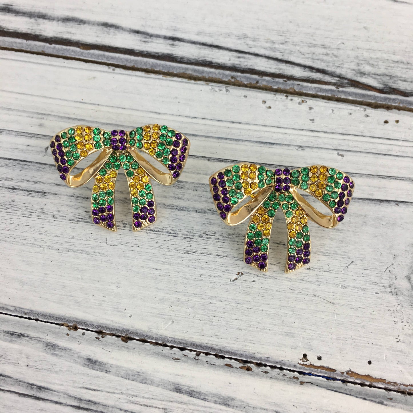 Mardi Gras rhinestone bow post earrings
