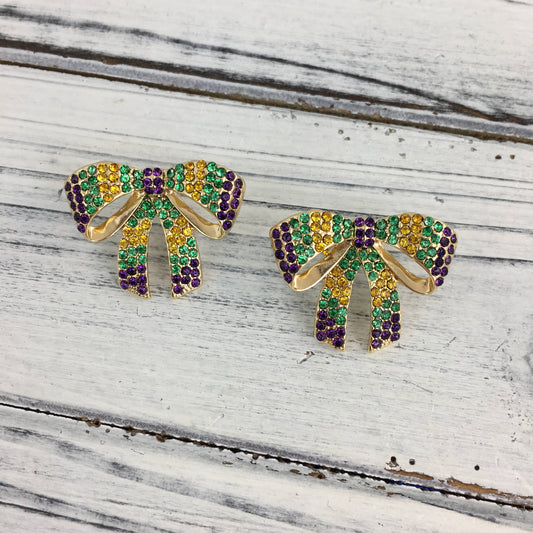 Mardi Gras rhinestone bow post earrings