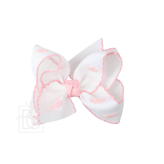 CROCHET EDGE BOW WITH PEARL EMBELLISHED BOWS: White/ Light Pink Edge w/ Light Pink Pearl Bows / 5.5"