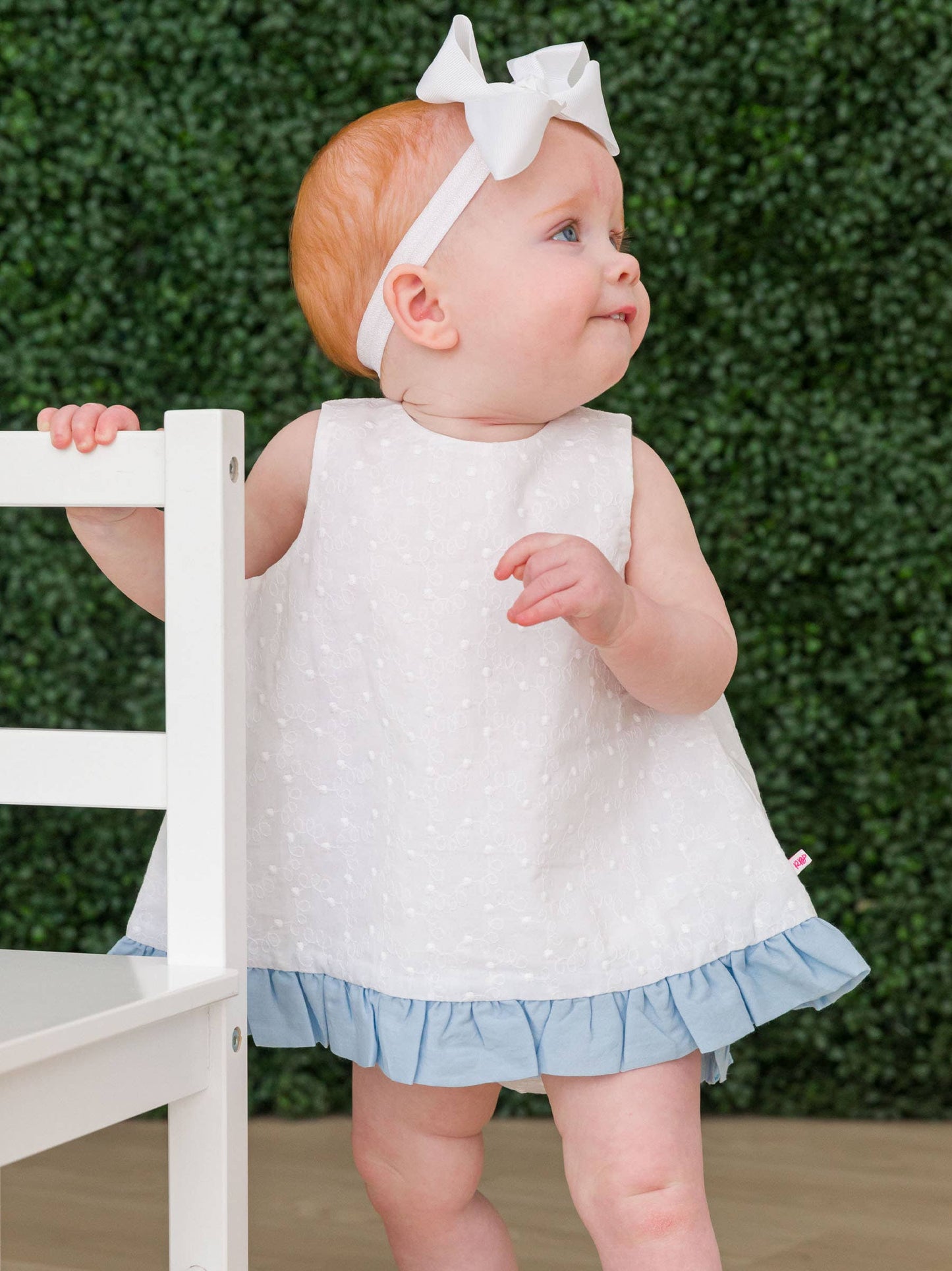 White & Light Blue Swiss Dot Swing Top & Bloomer Set