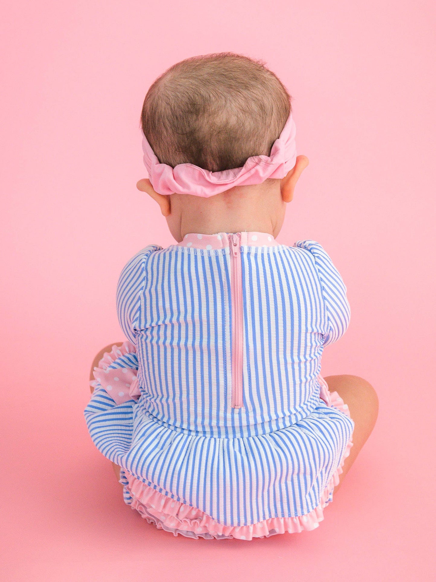 Baby Girls Periwinkle Blue Seersucker Long Sleeve One Piece Bow Peplum Rash Guard Swimsuit with Signature Rear Ruffles