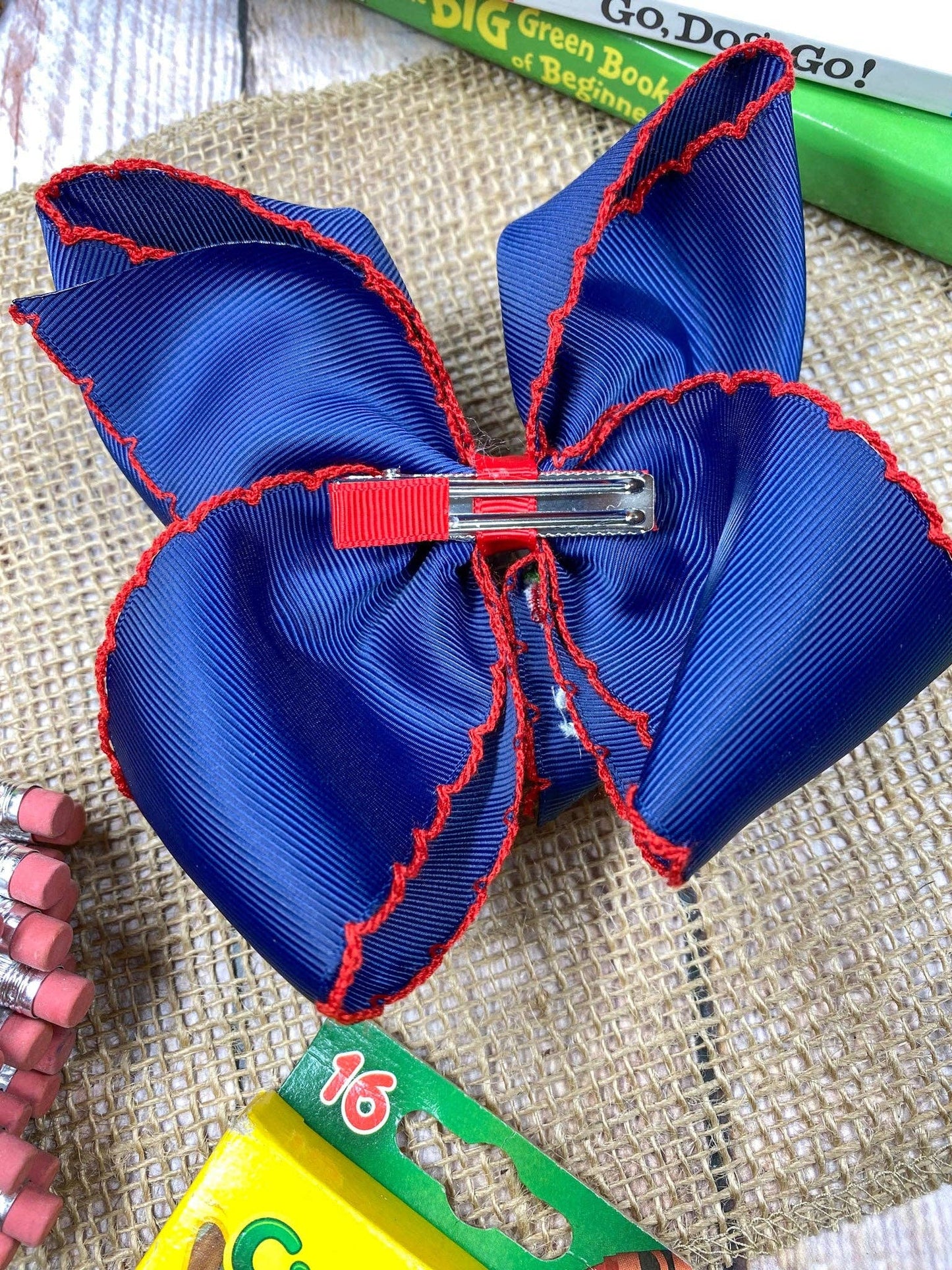 School Grade Embroidered Apple Moonstitch Bow