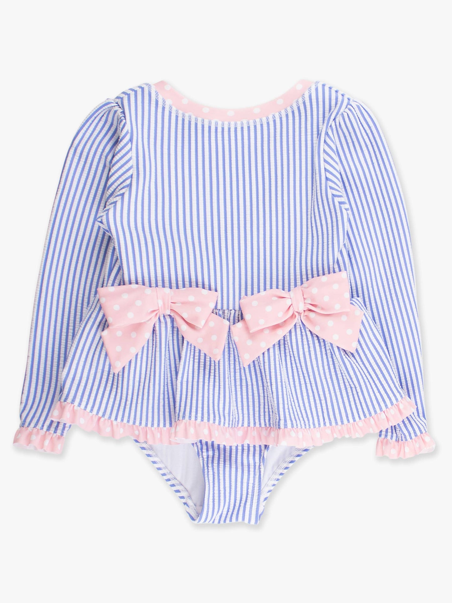 Girls Periwinkle Blue Seersucker Long Sleeve One Piece Bow Peplum Rash Guard Swimsuit