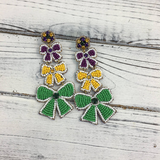 Beaded Mardi Gras 3 bow earrings