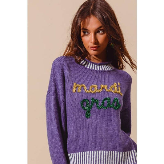 LADIED MARDI GRAS TINSEL LETTERING SWEATER TOP