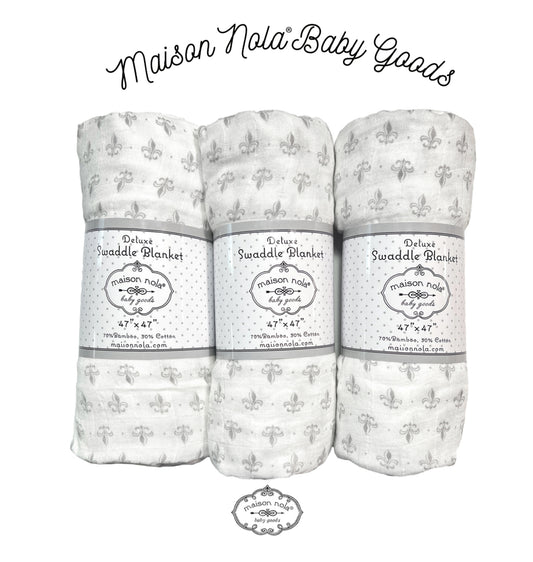 Grey Muslin Fleur De Lis Swaddle