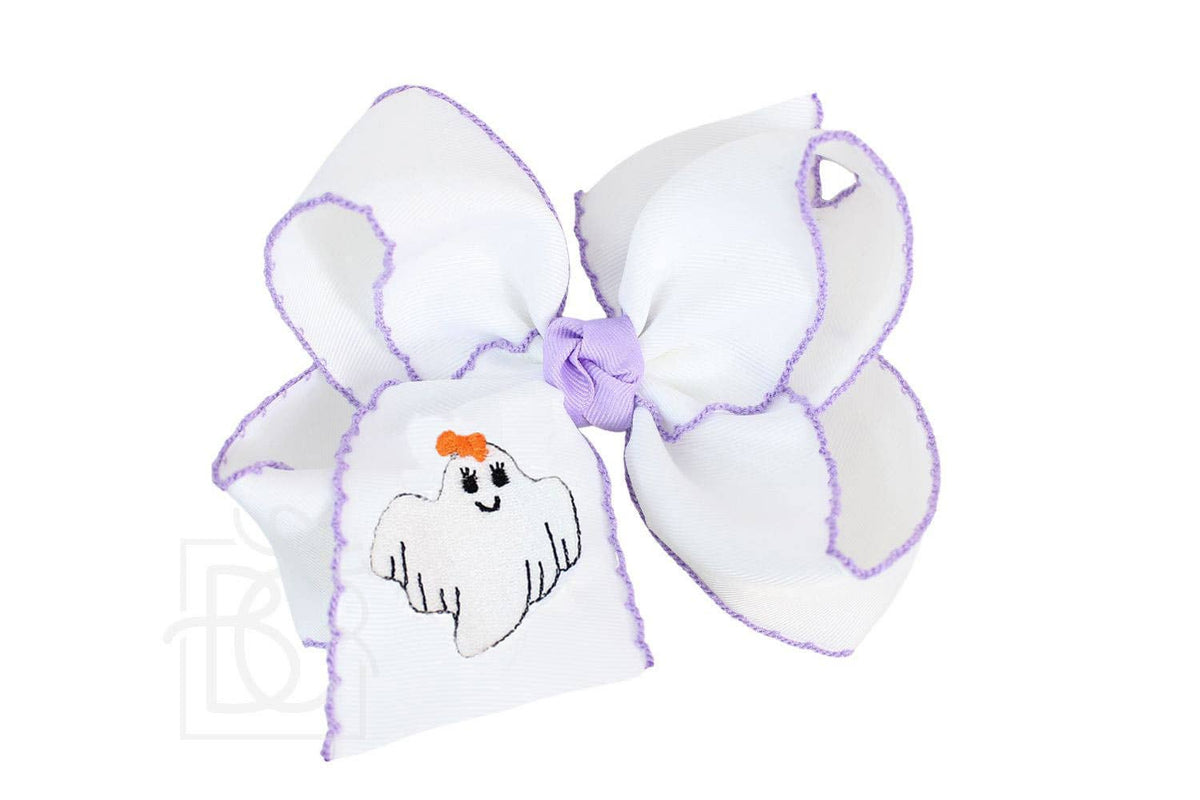 Embroidered Ghost Crochet Edge Bow: White-Fresco Crochet Edge w/ Embroidered Ghost / 4.5" Large - 1.5" Crochet Edge Grosgrain Ribbon