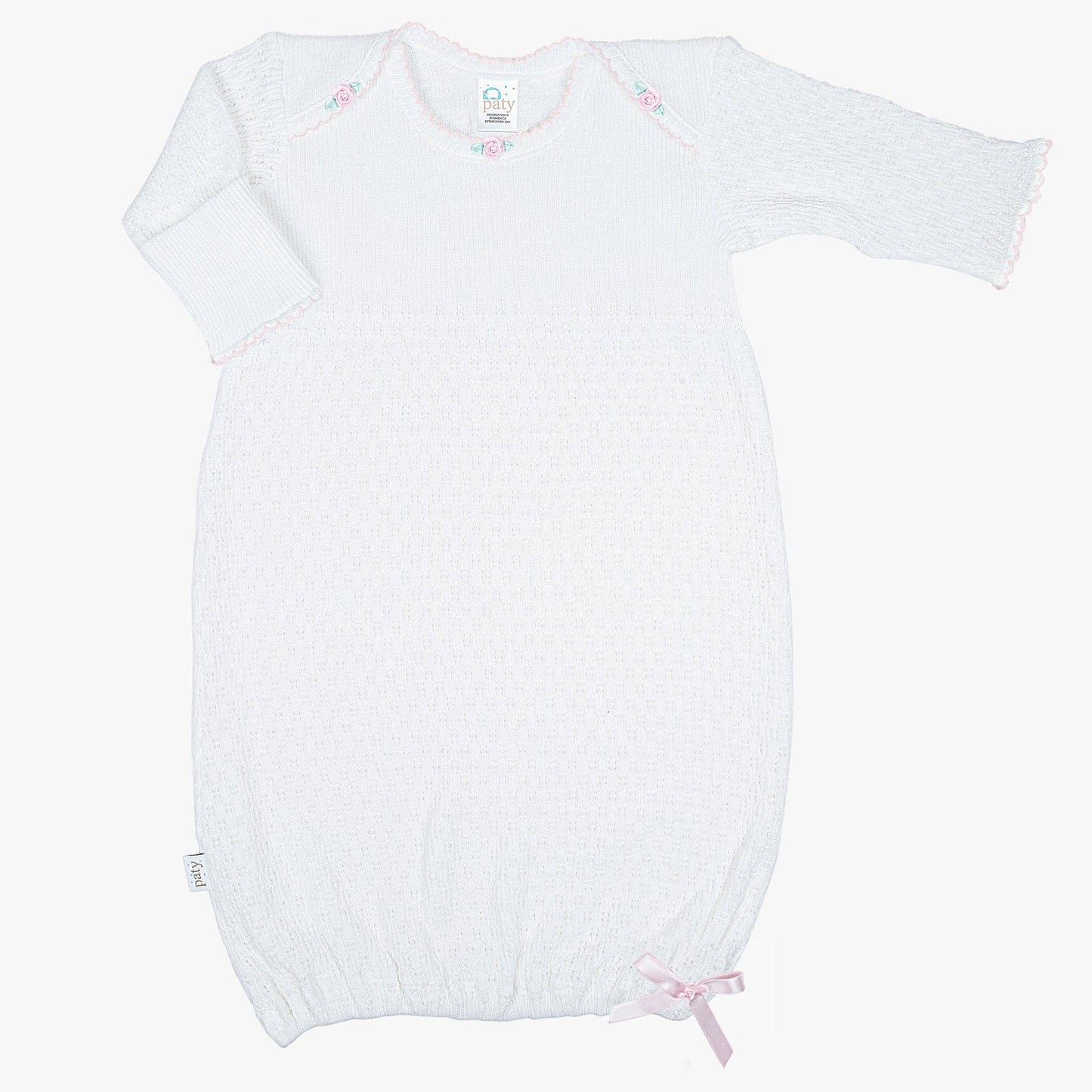 Paty Knit Overlap Shoulder Gown with Pink Rosettes