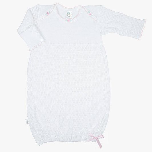 Paty Knit Overlap Shoulder Gown with Pink Rosettes