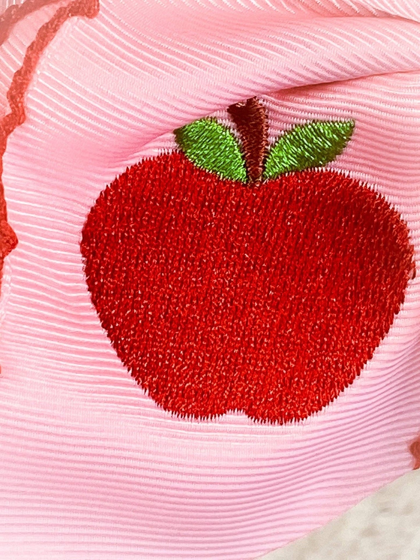 Pink Apple Embroidered Moonstitch Hair Bow
