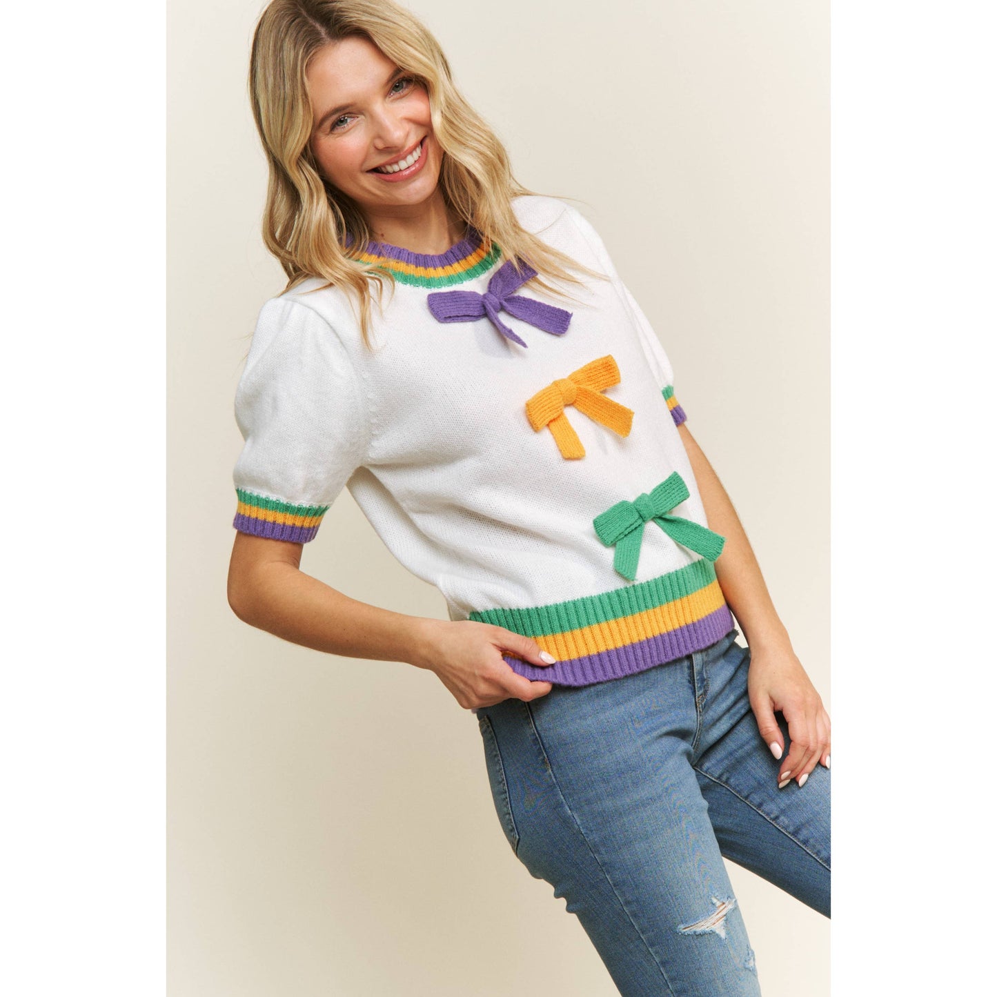 MARDI GRAS BOW DETAIL PUFF SLEEVE PULLOVER TOP