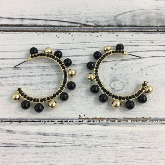 Black and Gold Saints Rhinestone and Ball Hoop Earrings