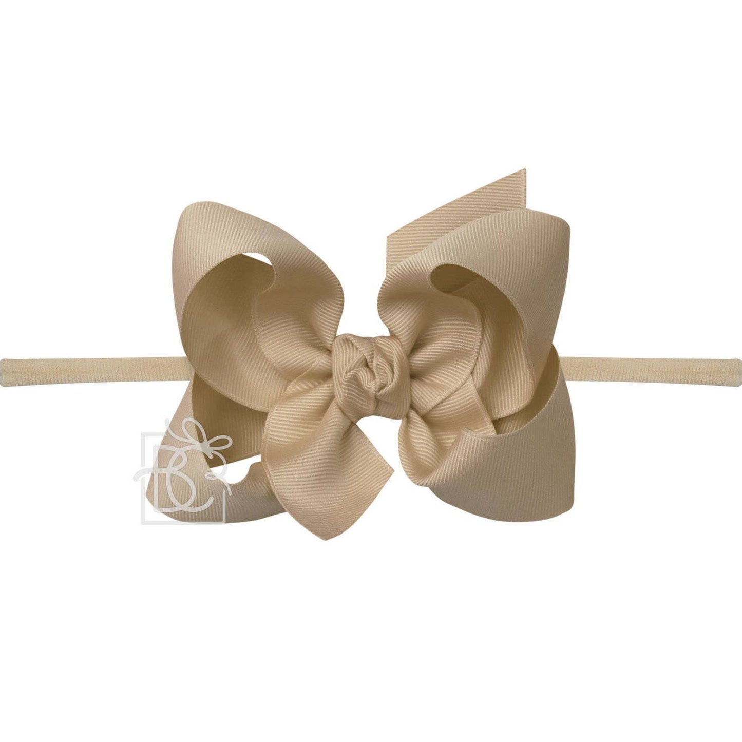 Oatmeal 1/4 in NYLON PANTYHOSE HEADBAND W/SIGNATURE GROSGRAIN BOW: OATMEAL / 4.5" Large