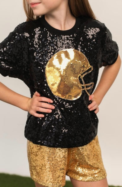 Black and gold sequin helmet shirt