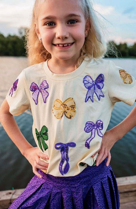 Sequin Mardi Gras Bow Tee Kids and Ladies