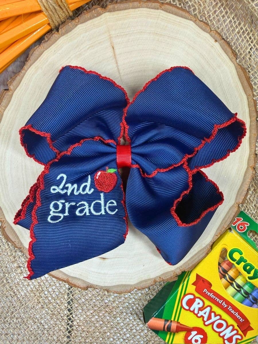 School Grade Embroidered Apple Moonstitch Bow