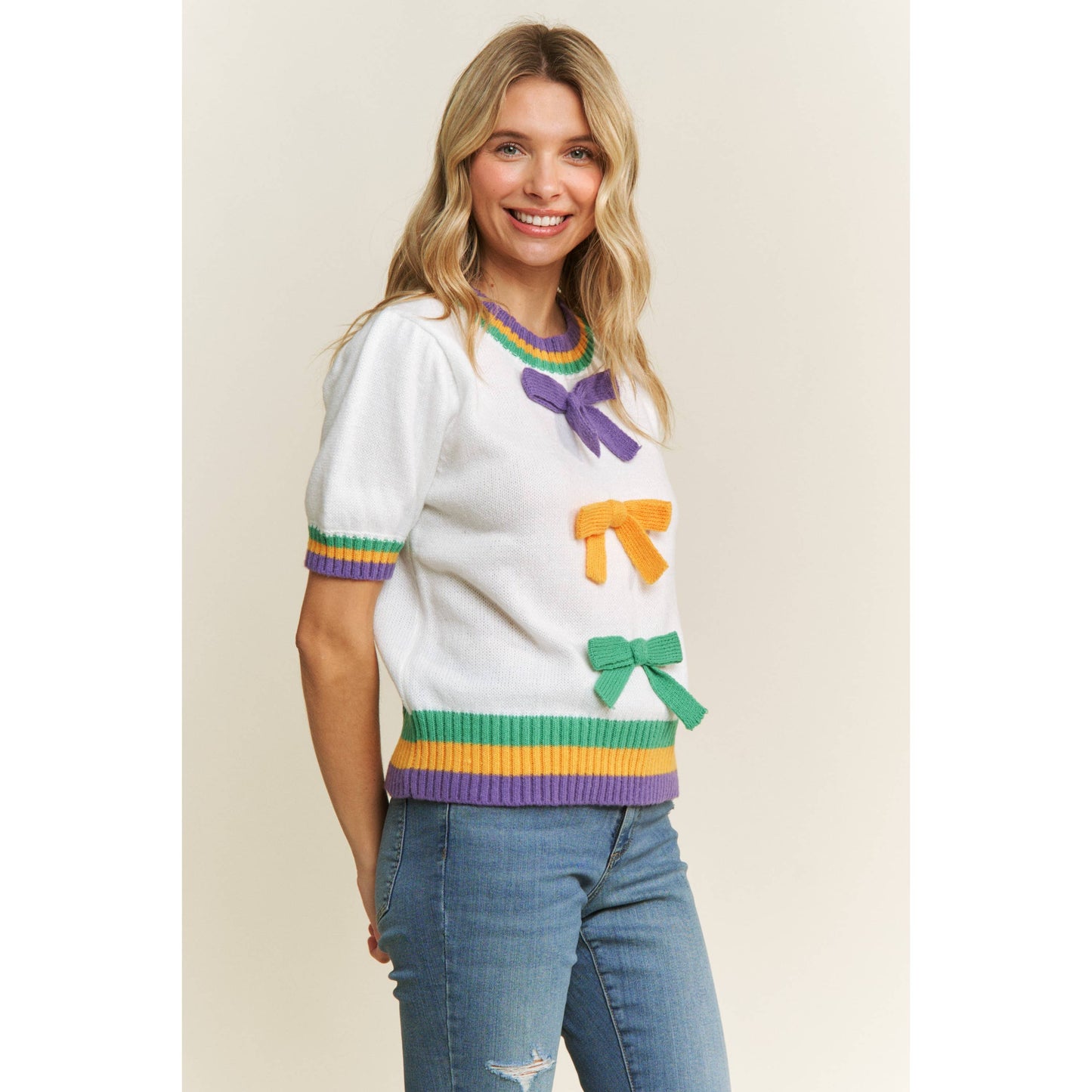 MARDI GRAS BOW DETAIL PUFF SLEEVE PULLOVER TOP