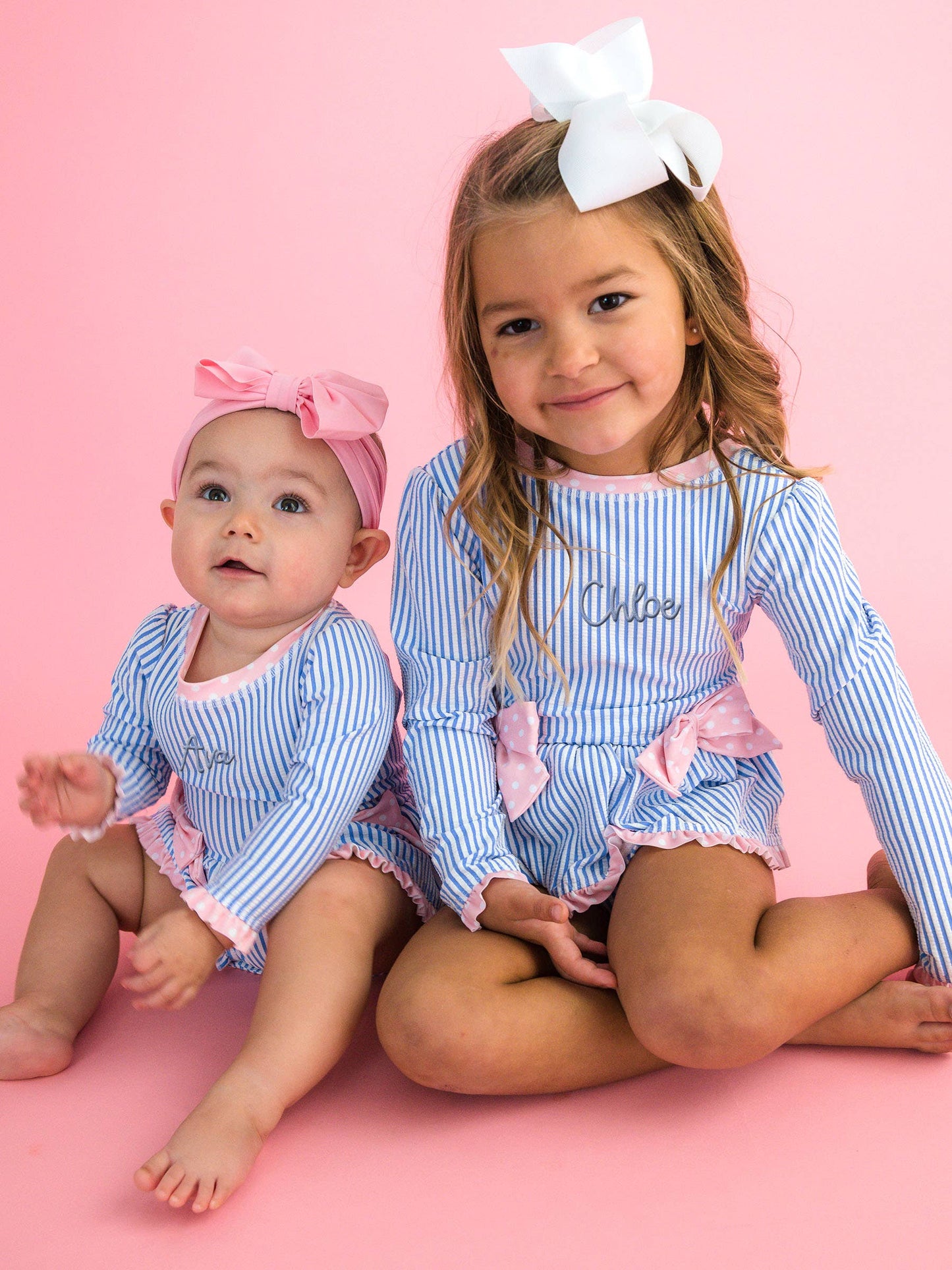 Girls Periwinkle Blue Seersucker Long Sleeve One Piece Bow Peplum Rash Guard Swimsuit