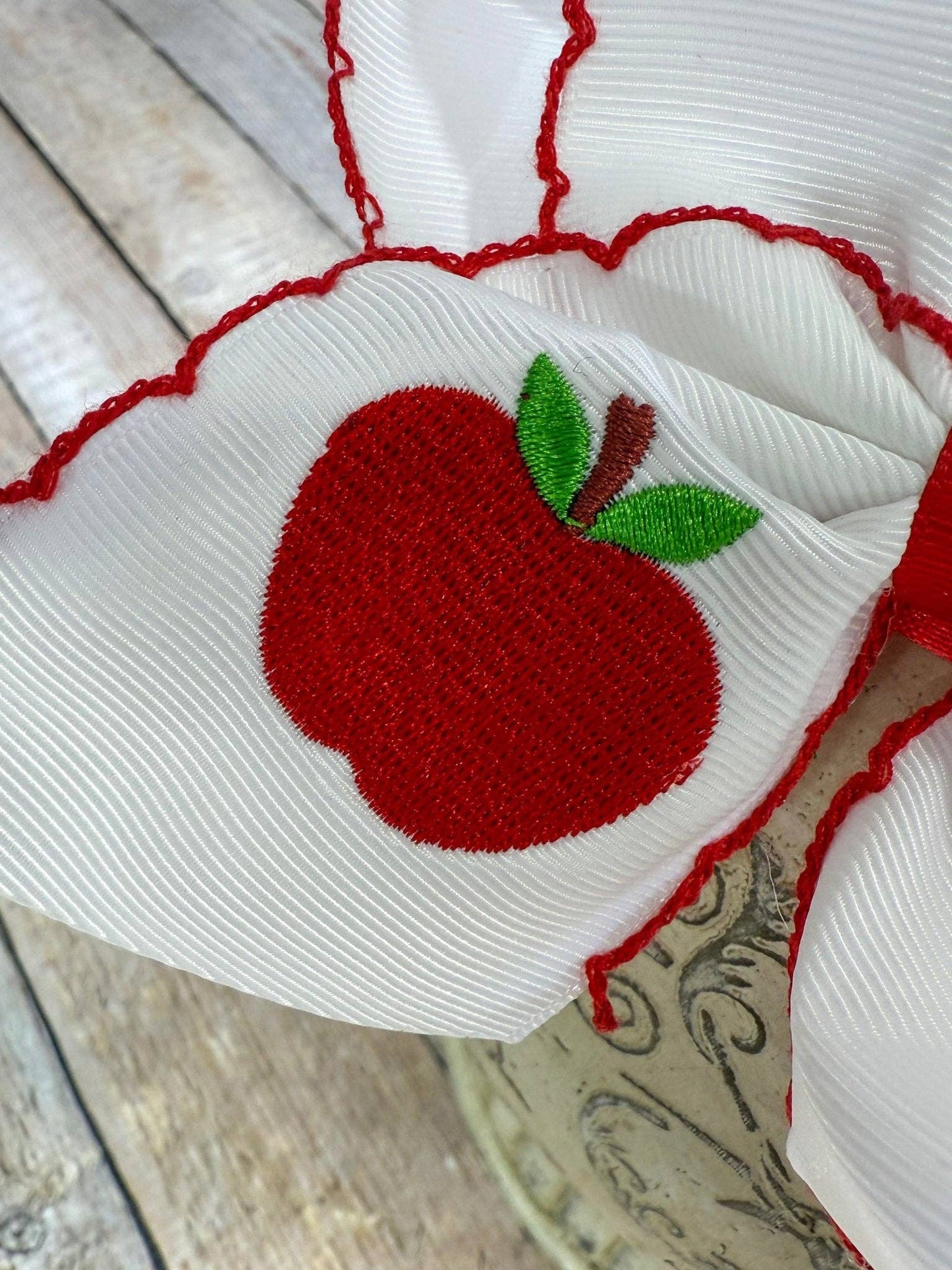 White Apple Embroidered Moonstitch Hair Bow