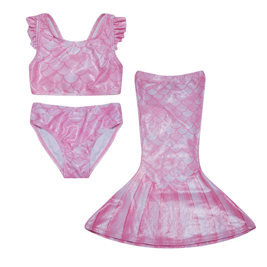UPF 50+ 3 piece Mermaid Swim Set w/ Ruffle Shoulders Pixie Scales Pink