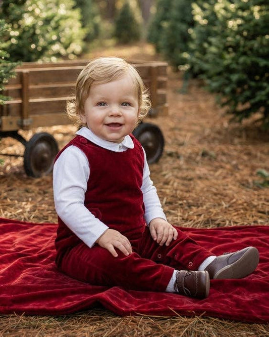 Baby Boy Red Velvet Long Romper with White Shirt