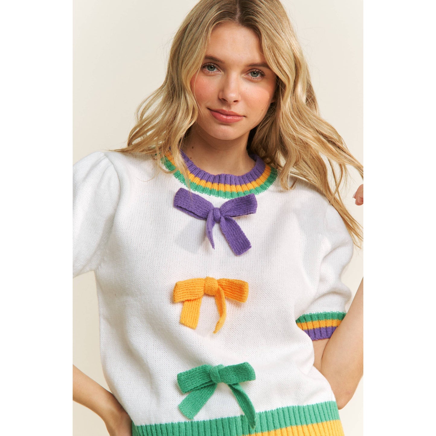 MARDI GRAS BOW DETAIL PUFF SLEEVE PULLOVER TOP