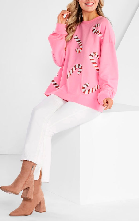 Pink candy cane ladies sparkle sweatshirt