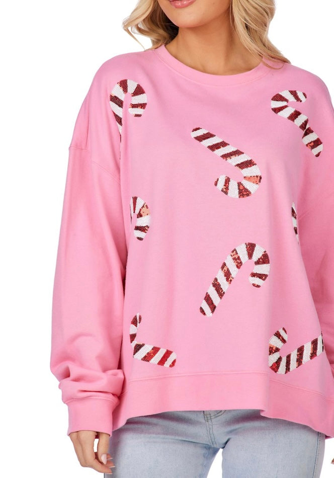 Pink candy cane ladies sparkle sweatshirt