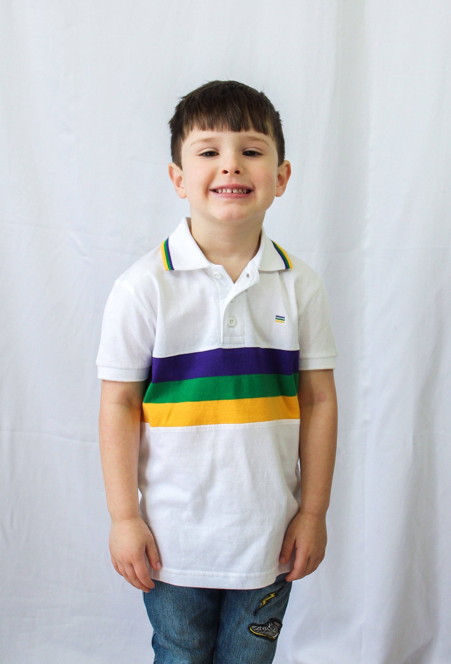 White Chest Stripe Youth Short Sleeve Mardi Gras Polo