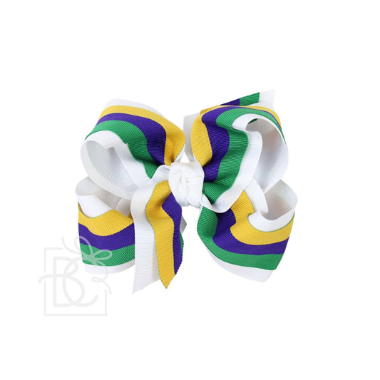 Layered Mardi Gras Stripe Bow on Alligator Clip: 5.5" Huge - 2.25" Gros. & 2" Mardi Gras Ribbon