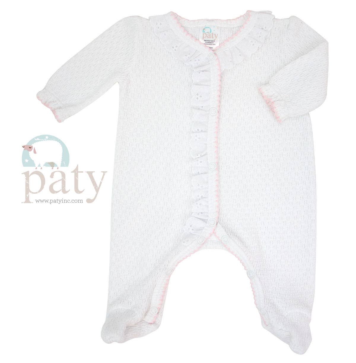 Paty Knit Footie with Pink Trim and  Eyelet