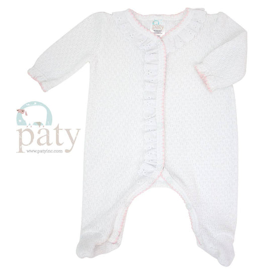 Paty Knit Footie withPink Trim and  Eyelet