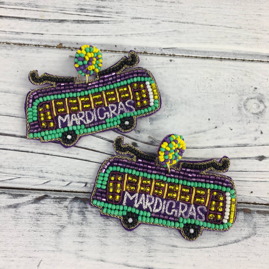 Mardi Gras beaded streetcar earrings