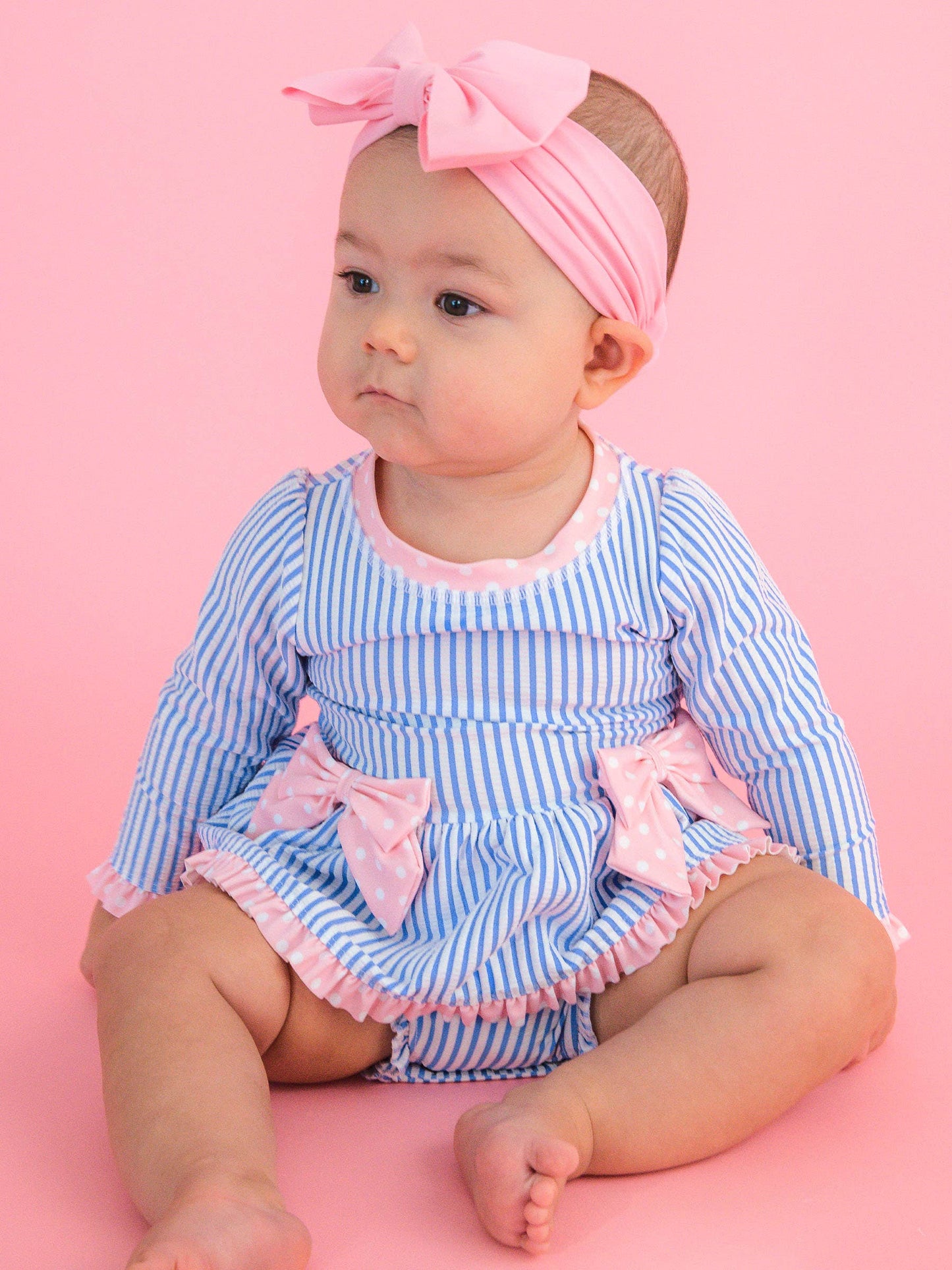Baby Girls Periwinkle Blue Seersucker Long Sleeve One Piece Bow Peplum Rash Guard Swimsuit with Signature Rear Ruffles