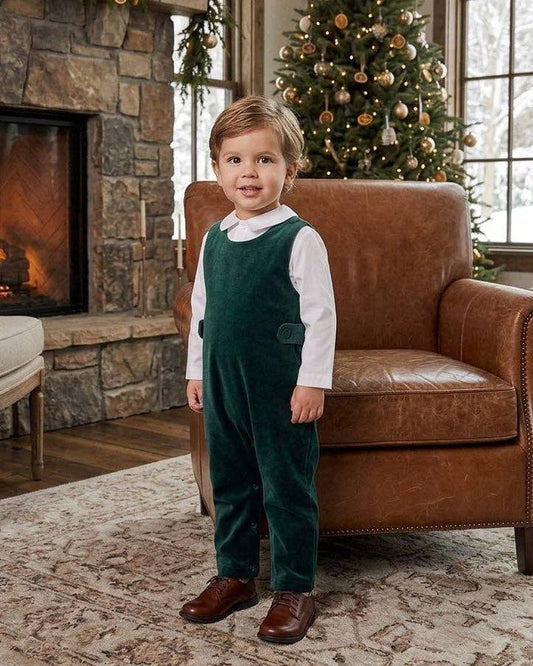 Green Velvet Baby Boy Long Romper and Shirt set